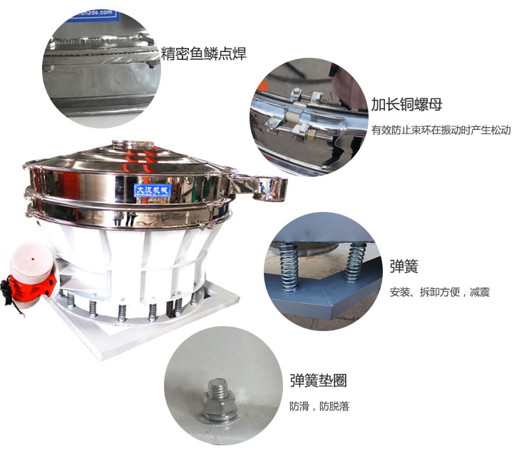 1500直排篩細節展示：彈簧，彈簧墊圈，加長銅螺母。
